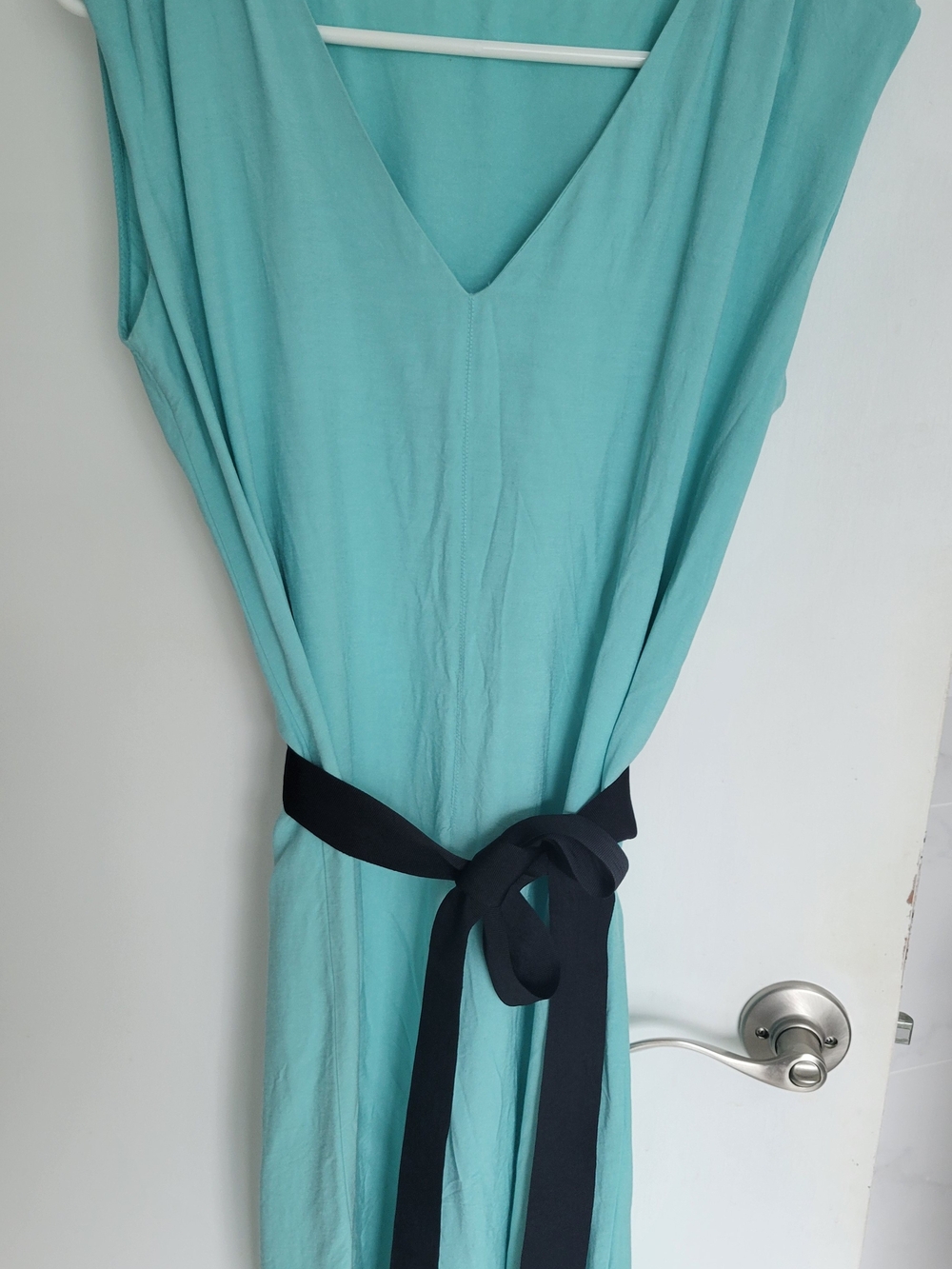 Zara Mint V-Neck Dress with Black Waist Tie